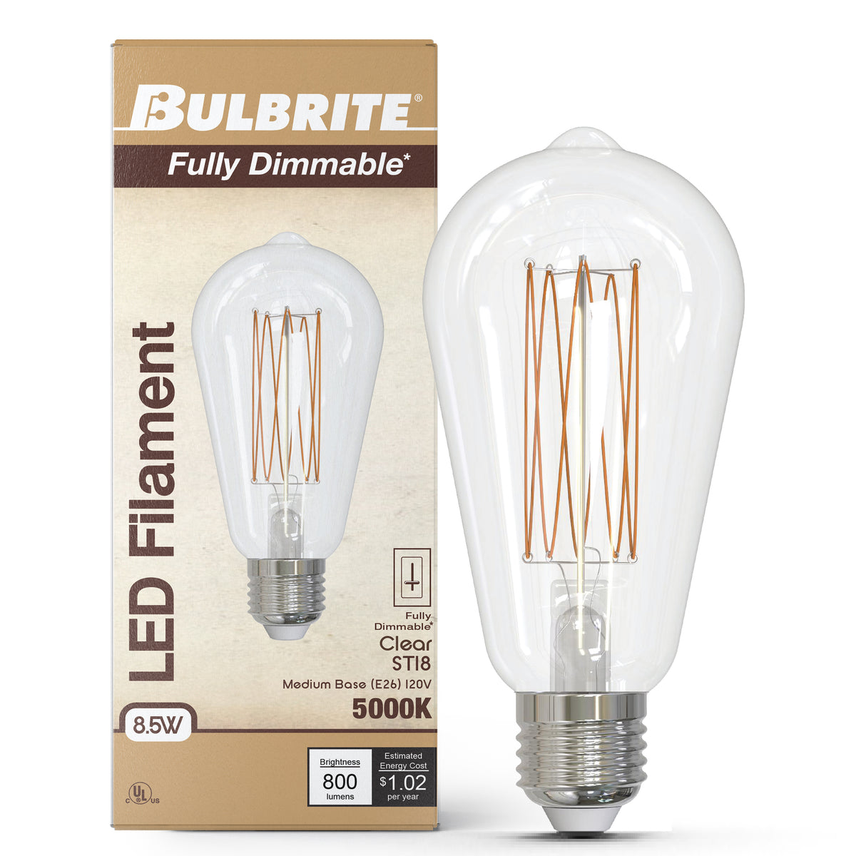 Bulbrite LED Filament 8.5W Dimmable ST18 Light Bulb with Clear Glass Finish and E26 Medium Base – 5000K Soft Daylight Light, 800 Lumens, 4-Pack