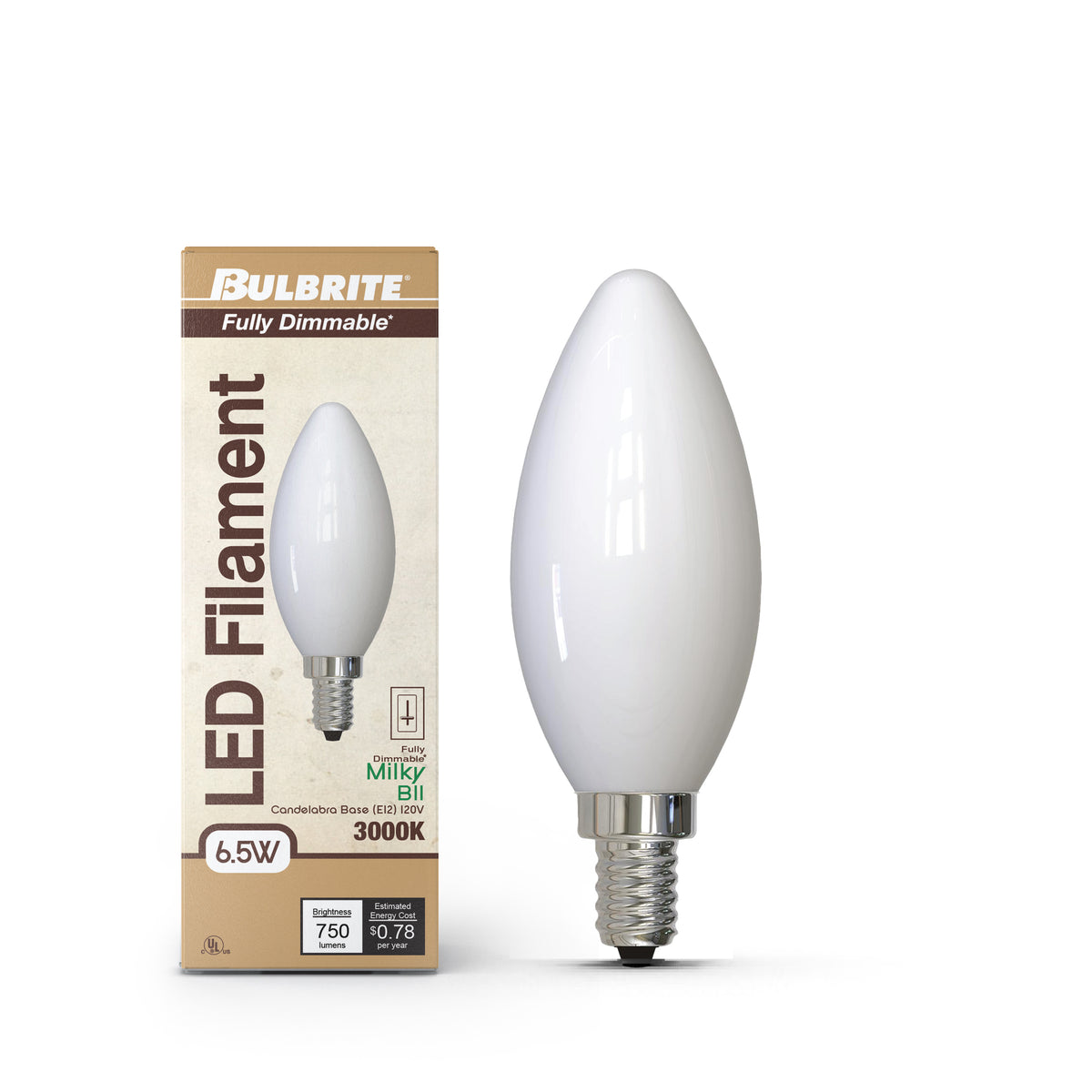 Bulbrite LED Filament 6.5W Dimmable B11 Light Bulb with Milky Glass Finish and E12 Candelabra Base – 3000K Soft White Light, 750 Lumens, 4-Pack