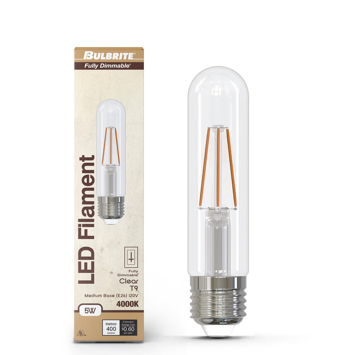 Bulbrite T9 Filament LED Light Bulb, 5W, 40W Equivalent, 5000K, E26 Medium Base, Frosted, Dimmable, 400 Lumens, 4-Pack