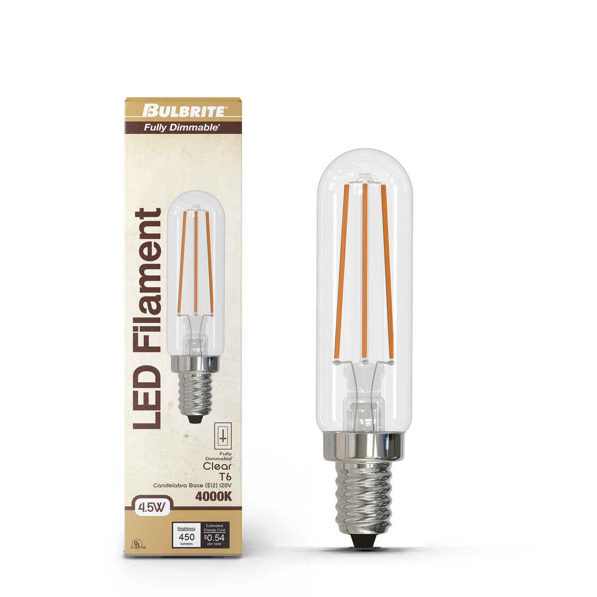 Bulbrite LED Filament 4.5W Dimmable T6 Light Bulb with Clear Glass Finish and E12 Candelabra Base – 4000K Cool White Light, 450 Lumens, 4-Pack