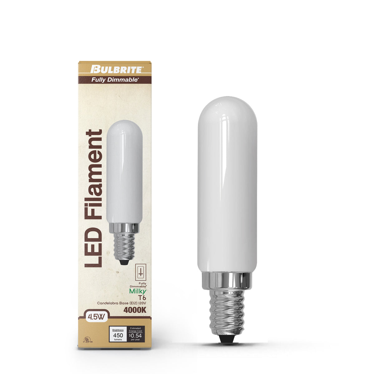 Bulbrite LED Filament 4.5W Dimmable T6 Light Bulb with Milky Glass Finish and E12 Candelabra Base – 4000K Cool White Light, 450 Lumens, 4-Pack