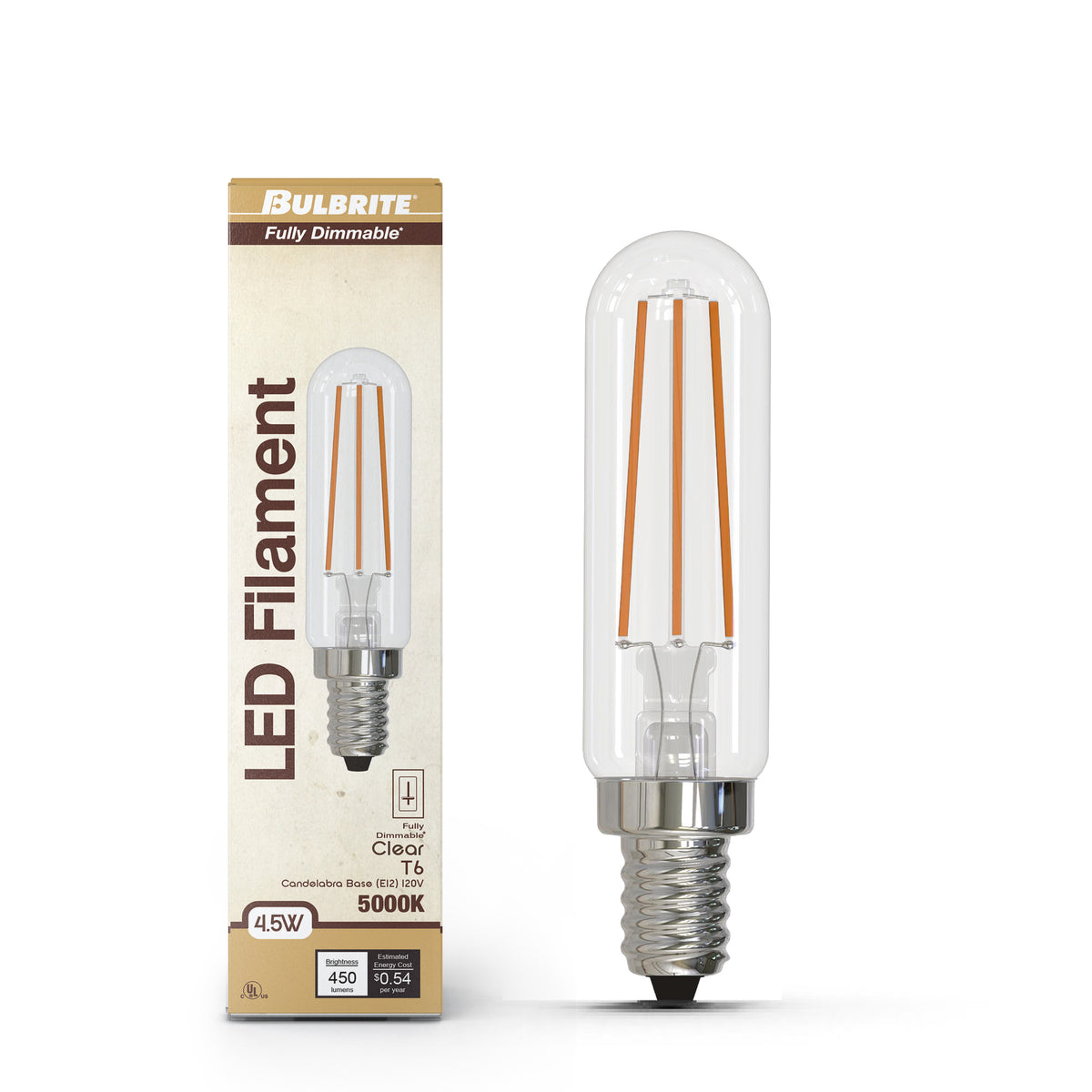 Bulbrite LED Filament 4.5W Dimmable T6 Light Bulb with Clear Glass Finish and E12 Candelabra Base – 5000K Soft Daylight Light, 450 Lumens, 4-Pack