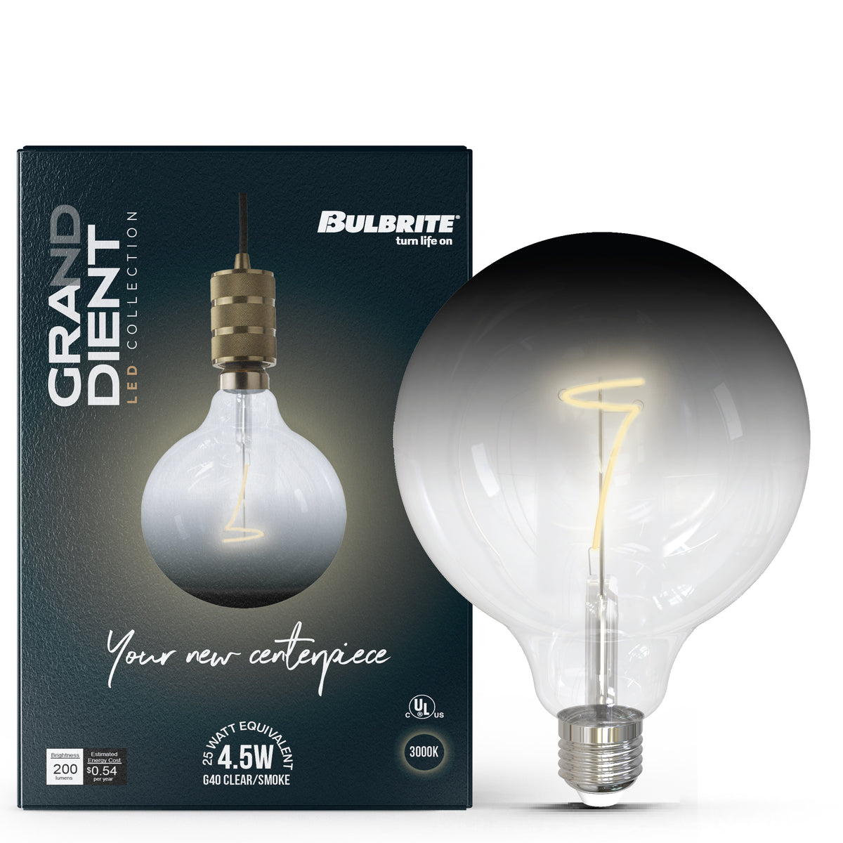 Bulbrite LED Filament 4.5W Dimmable G40 Light Bulb with Clear/Smoke Glass Finish and E26 Medium Base – 3000K Soft White Light, 200 Lumens, 2-Pack