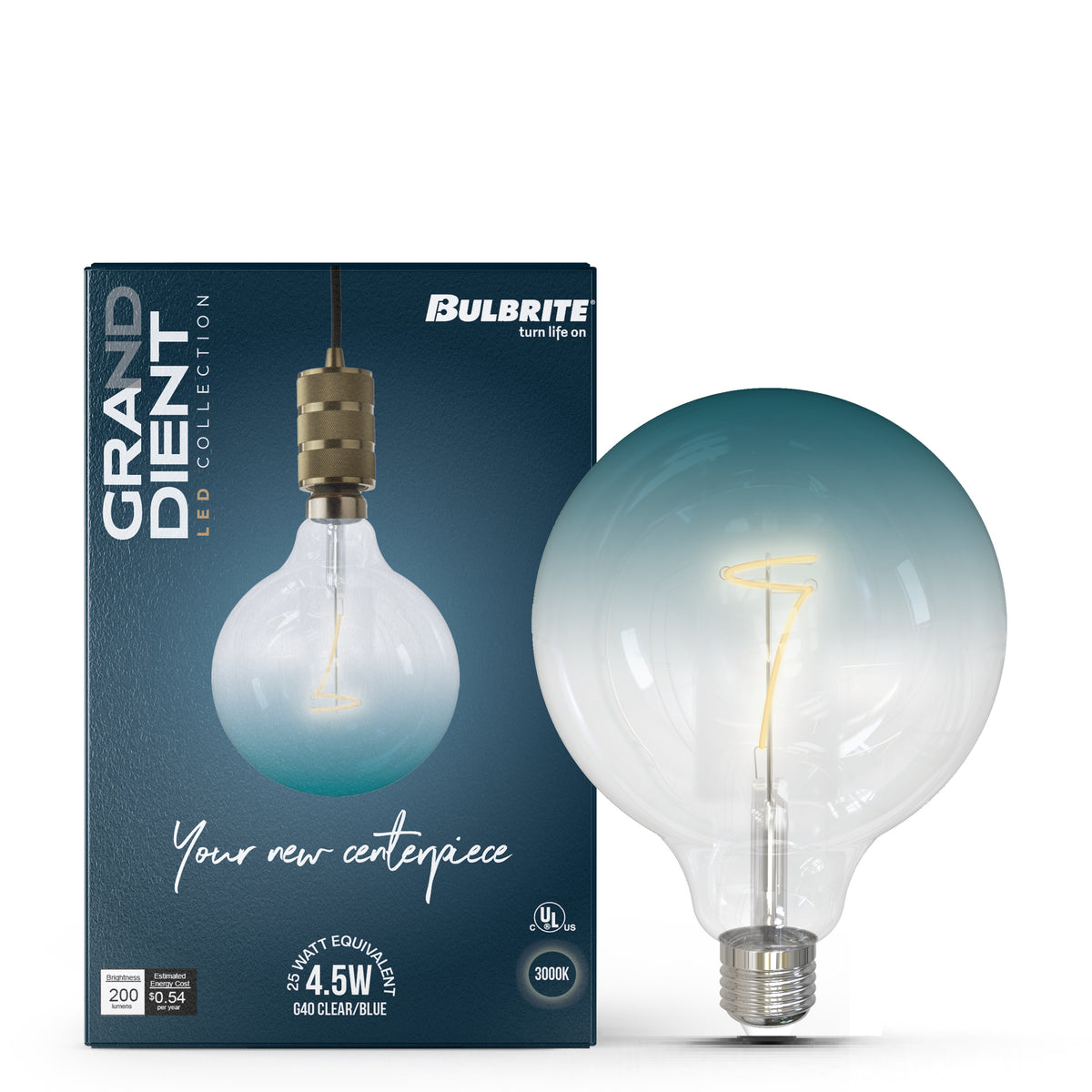 Bulbrite LED Filament 4.5W Dimmable G40 Light Bulb with Clear/Blue Glass Finish and E26 Medium Base – 3000K Soft White Light, 200 Lumens, 2-Pack