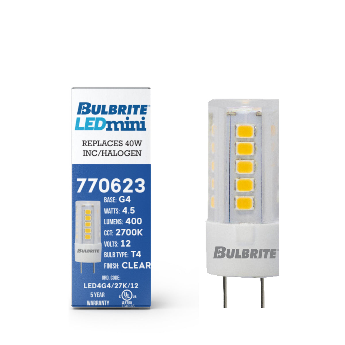 Bulbrite T4 Miniature LED Light Bulb, 4.5W, 40W Equivalent, 2700K, G4 Base, Clear Finish, 2-Pack