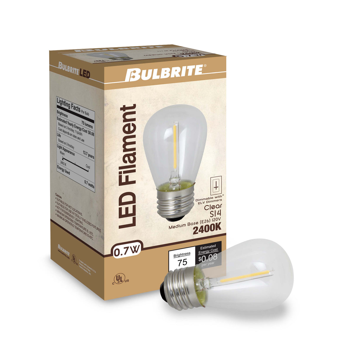 Bulbrite S14 Filament LED Light Bulb, 0.7W, 11W Equivalent, 2400K, E26 Base, Clear Finish, 6-Pack