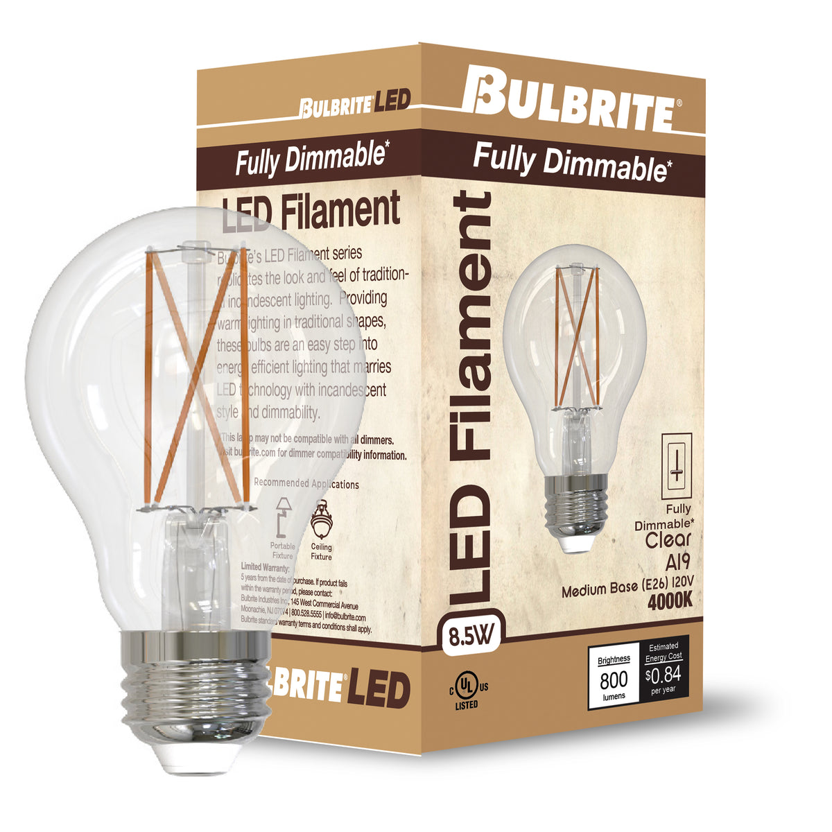 Bulbrite LED Filament 8.5W Dimmable A19 Light Bulb with Clear Glass Finish and E26 Medium Base – 5000K Soft Daylight Light, 800 Lumens, 4-Pack