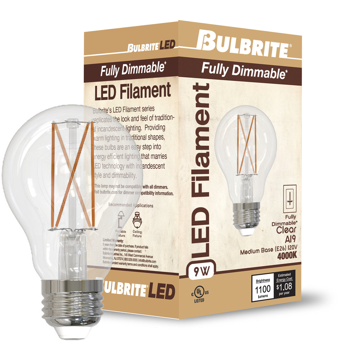 Bulbrite LED Filament 9W Dimmable A19 Light Bulb with Clear Glass Finish and E26 Medium Base – 4000K Cool White Light, 1100 Lumens, 4-Pack