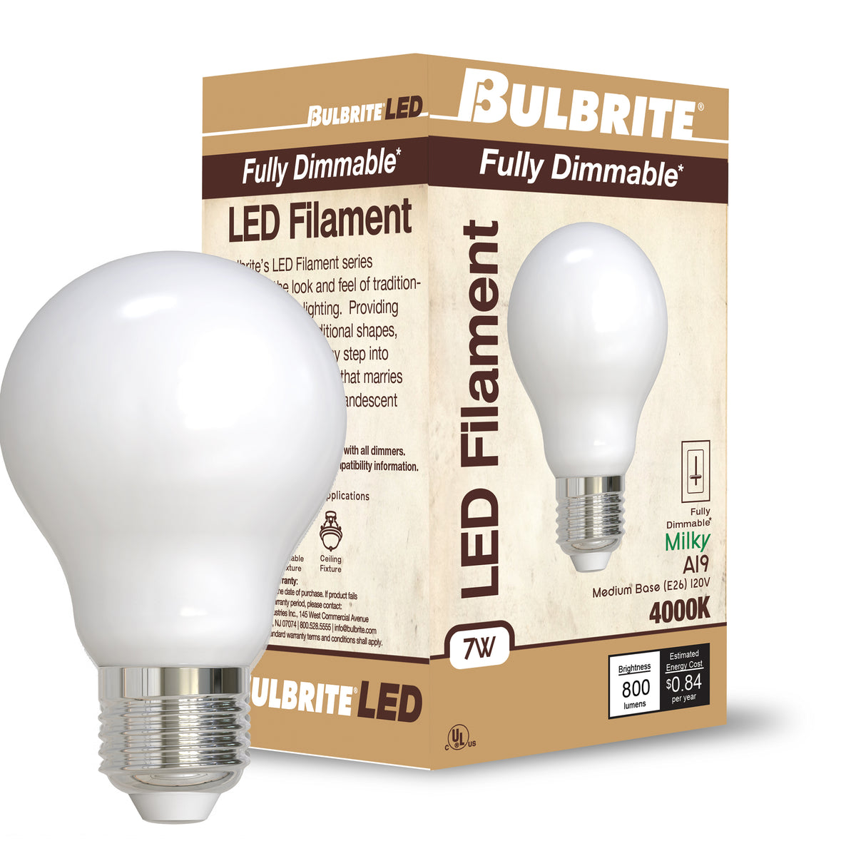 Bulbrite LED Filament 7W Dimmable A19 Light Bulb with Milky Glass Finish and E26 Medium Base – 4000K Cool White Light, 800 Lumens, 4-Pack