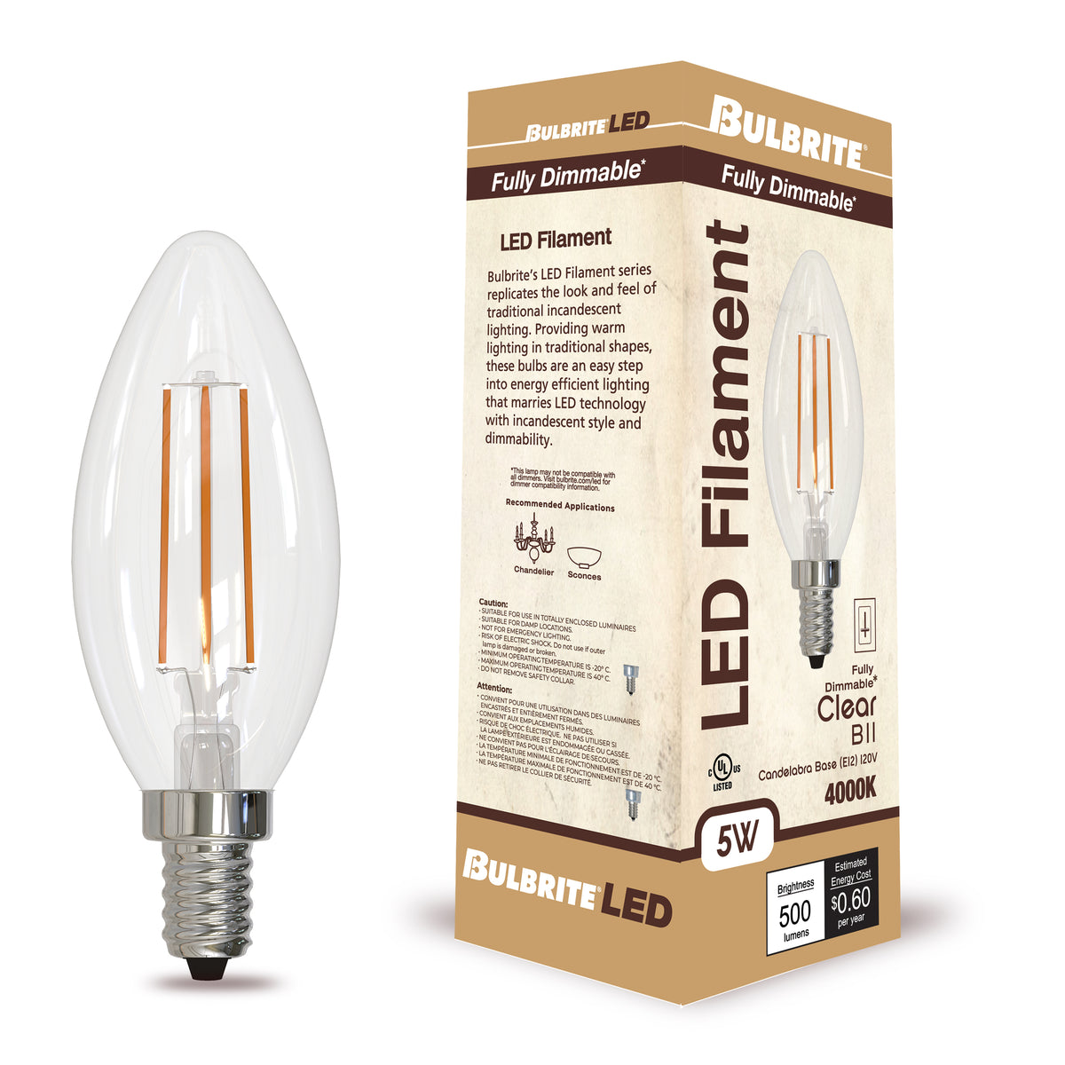 Bulbrite LED Filament 5W Dimmable B11 Light Bulb with Clear Glass Finish and E12 Candelabra Base – 4000K Cool White Light, 500 Lumens, 4-Pack, 3.85-Inch Length