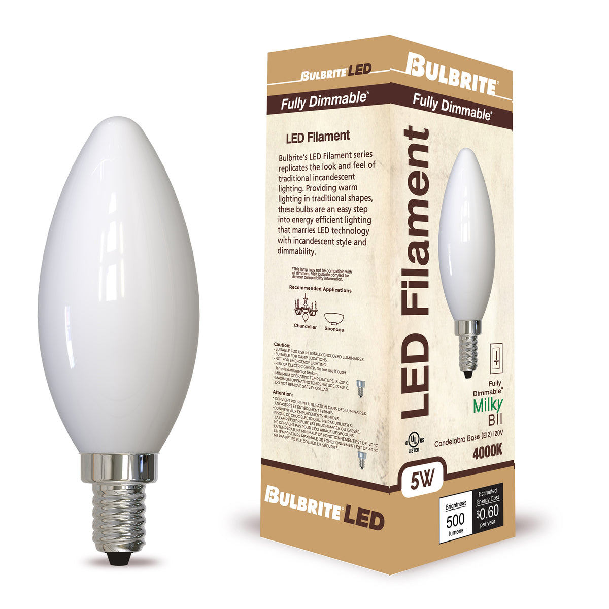 Bulbrite LED Filament 5W Dimmable B11 Light Bulb with Milky Glass Finish and E12 Candelabra Base – 4000K Cool White Light, 500 Lumens, 4-Pack