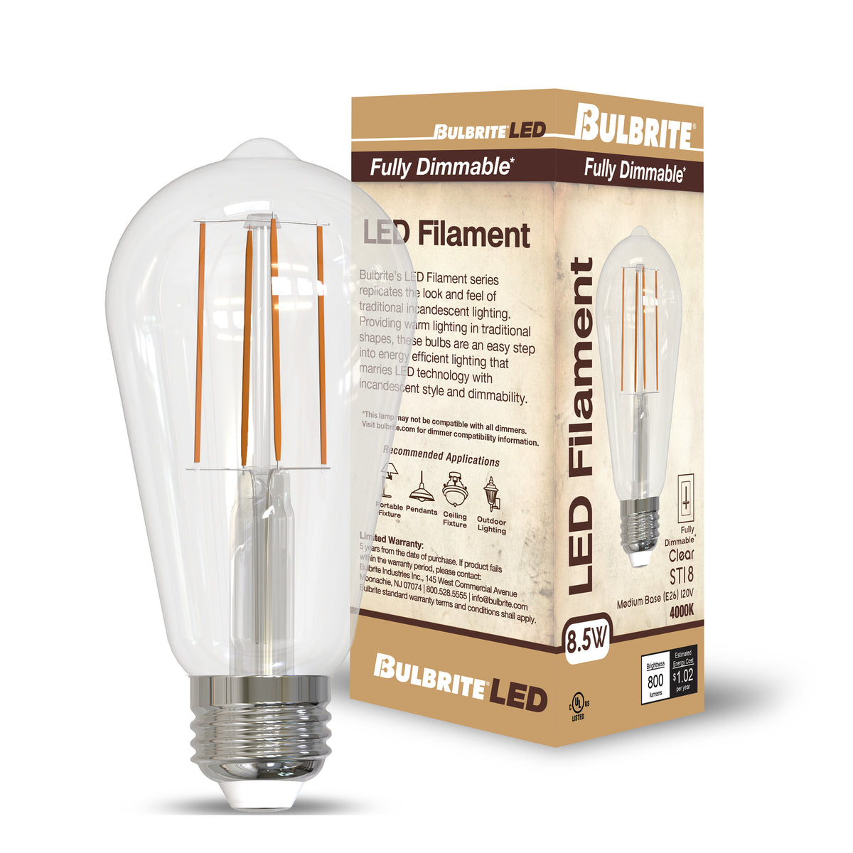 Bulbrite LED Filament 8.5W Dimmable ST18 Light Bulb with Clear Glass Finish and E26 Medium Base – 4000K Cool White Light, 800 Lumens, 4-Pack