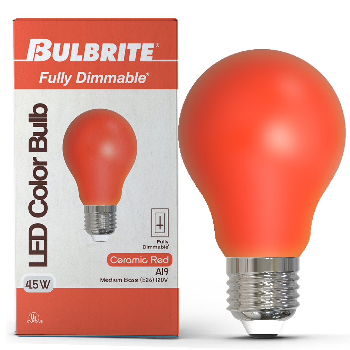 Bulbrite A19 LED Light Bulb, 4.5W, 25W Equivalent, E26 Base, Ceramic Red Finish, Dimmable, 10-Pack