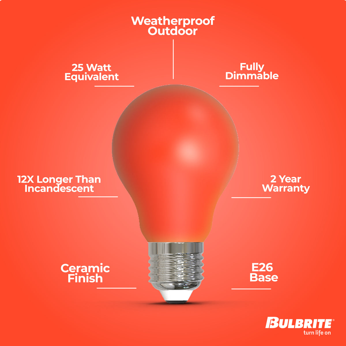 Bulbrite A19 LED Light Bulb, 4.5W, 25W Equivalent, E26 Base, Ceramic Red Finish, Dimmable, 10-Pack