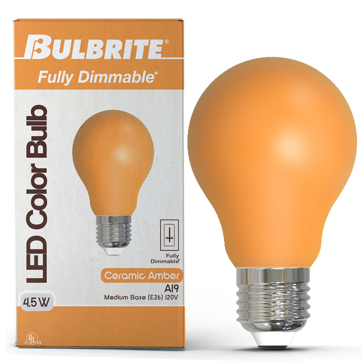 Bulbrite A19 LED Light Bulb, 4.5W, 25W Equivalent, E26 Base, Amber Finish, Dimmable, 10-Pack
