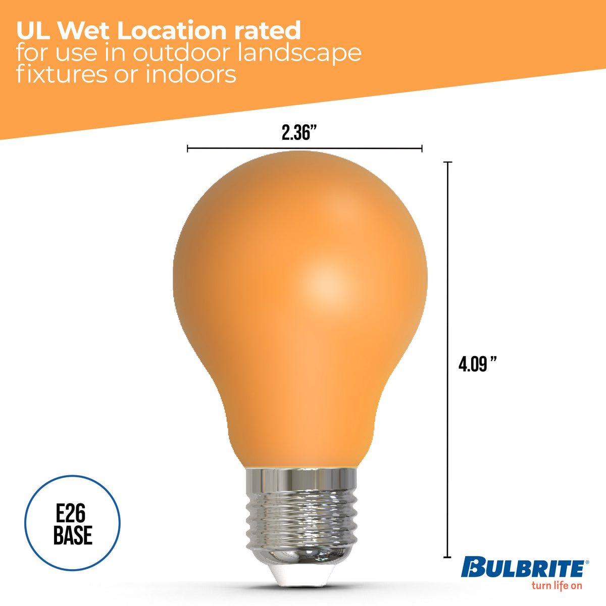 Bulbrite A19 LED Light Bulb, 4.5W, 25W Equivalent, E26 Base, Amber Finish, Dimmable, 10-Pack