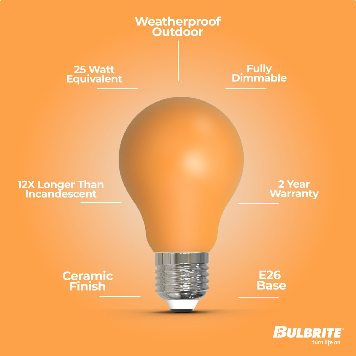 Bulbrite A19 LED Light Bulb, 4.5W, 25W Equivalent, E26 Base, Amber Finish, Dimmable, 10-Pack