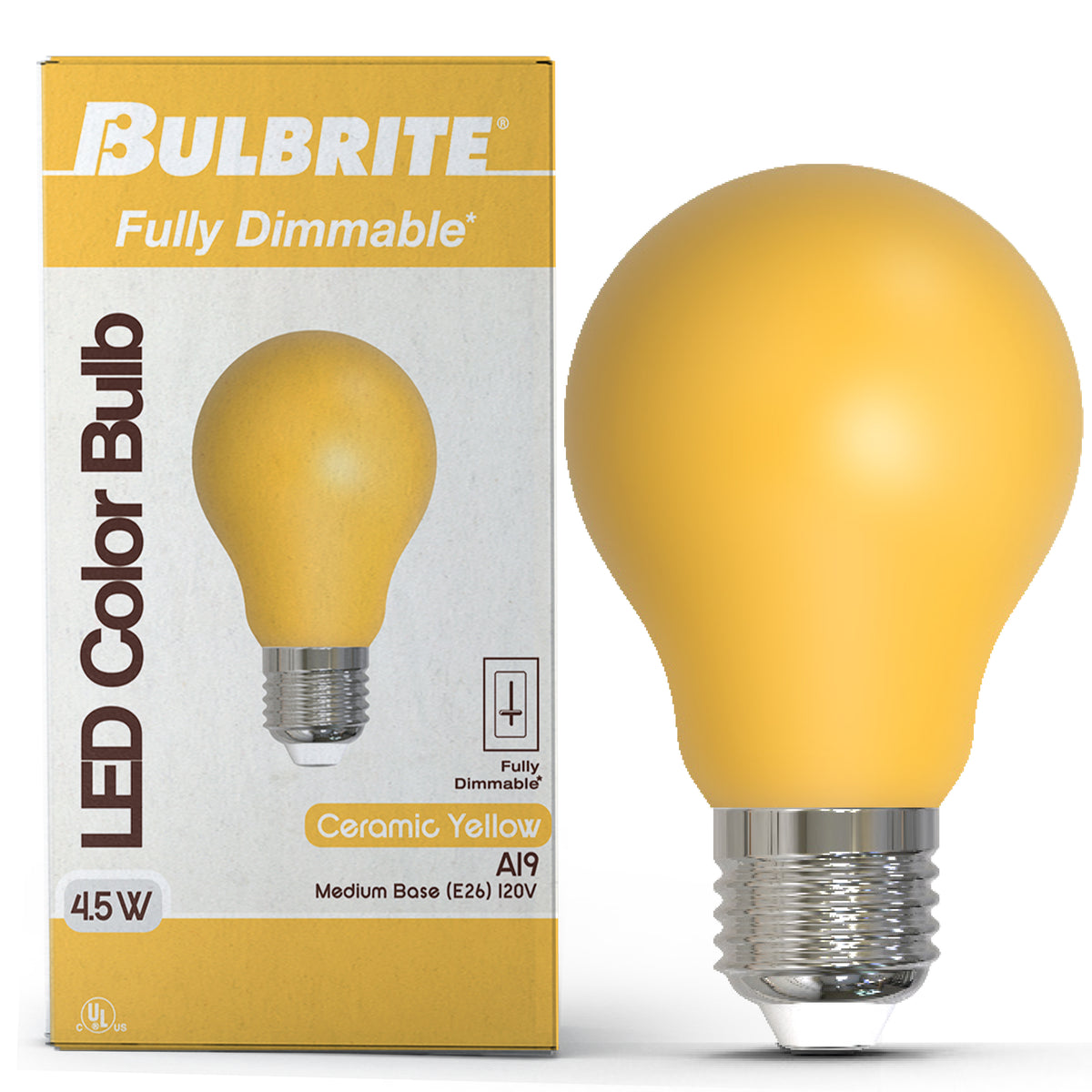 Bulbrite A19 LED Light Bulb, 4.5W, 25W Equivalent, E26 Base, Ceramic Yellow Finish, Dimmable, 10-Pack