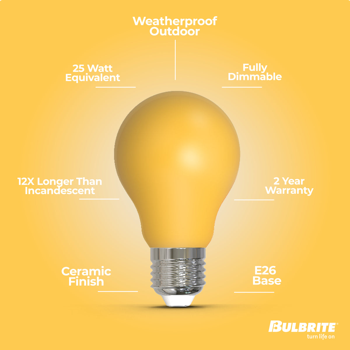 Bulbrite A19 LED Light Bulb, 4.5W, 25W Equivalent, E26 Base, Ceramic Yellow Finish, Dimmable, 10-Pack