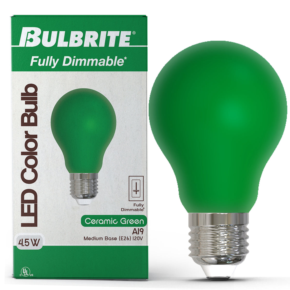 Bulbrite A19 LED Light Bulb, 4.5W, 25W Equivalent, E26 Base, Ceramic Green Finish, Dimmable, 10-Pack