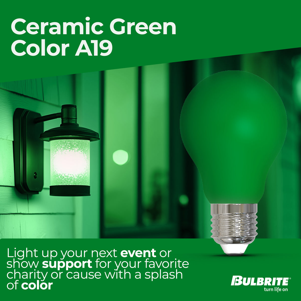 Bulbrite A19 LED Light Bulb, 4.5W, 25W Equivalent, E26 Base, Ceramic Green Finish, Dimmable, 10-Pack