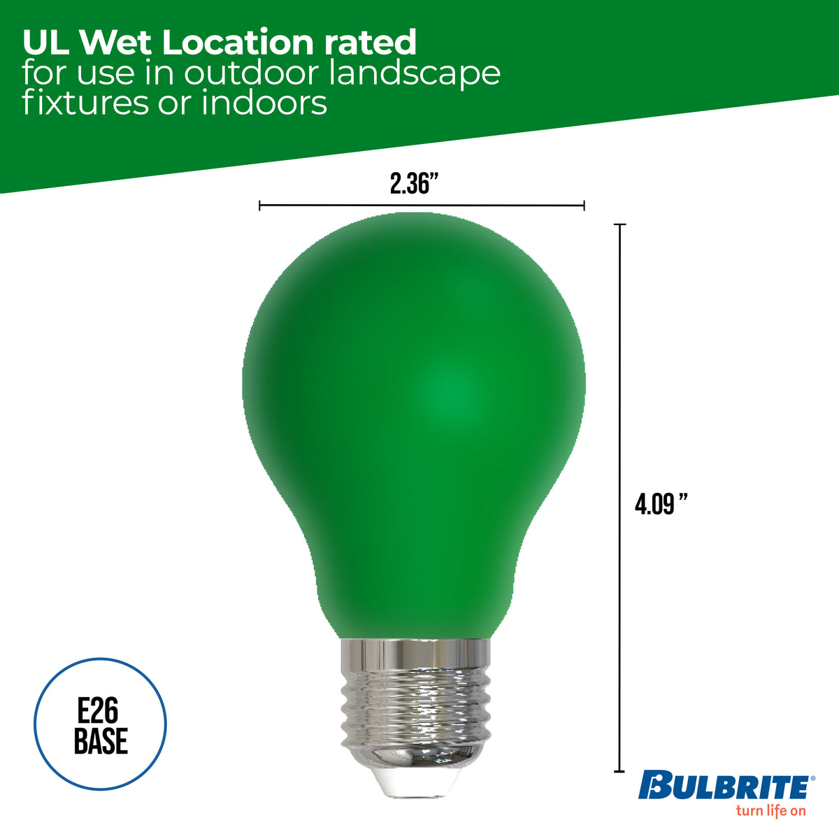 Bulbrite A19 LED Light Bulb, 4.5W, 25W Equivalent, E26 Base, Ceramic Green Finish, Dimmable, 10-Pack