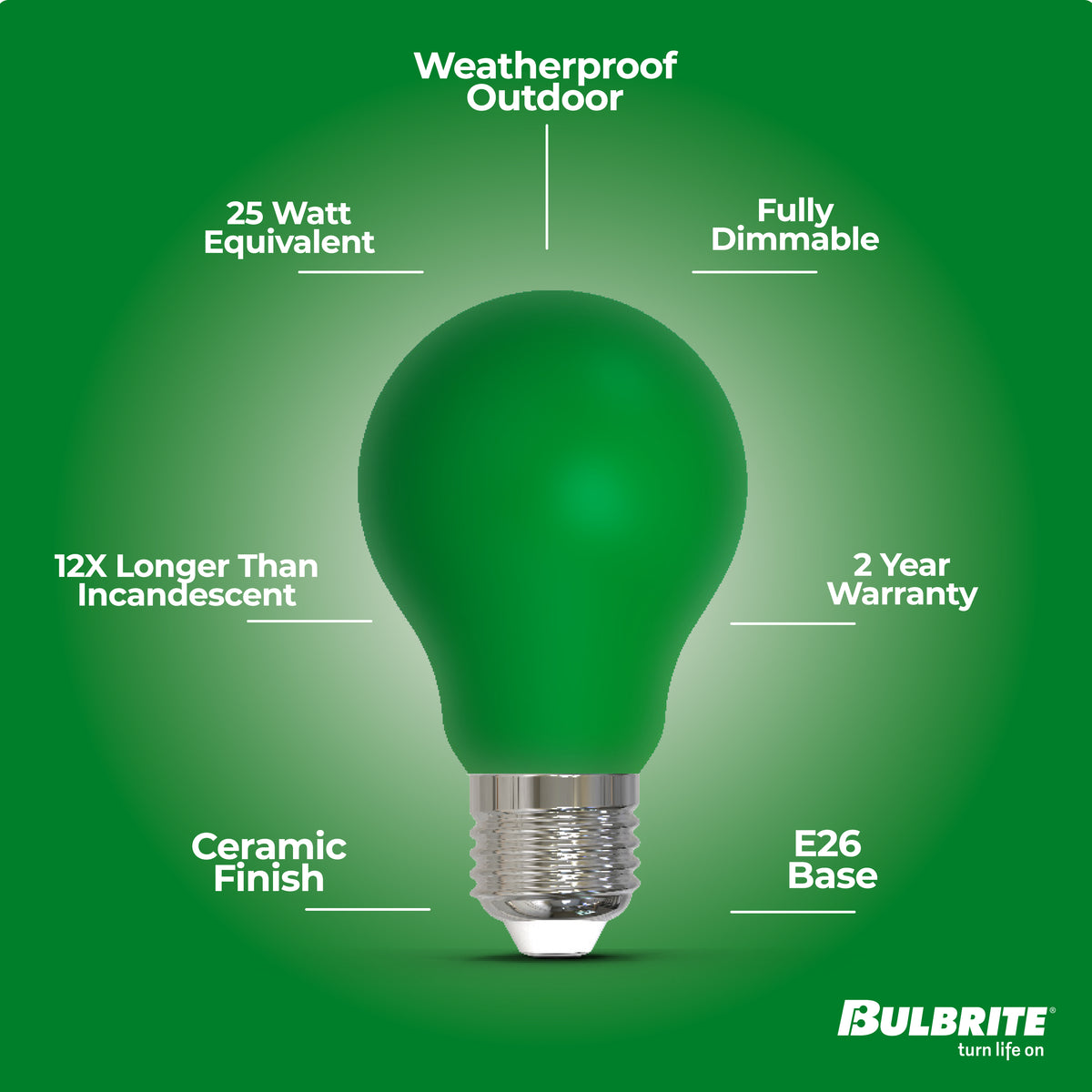 Bulbrite A19 LED Light Bulb, 4.5W, 25W Equivalent, E26 Base, Ceramic Green Finish, Dimmable, 10-Pack