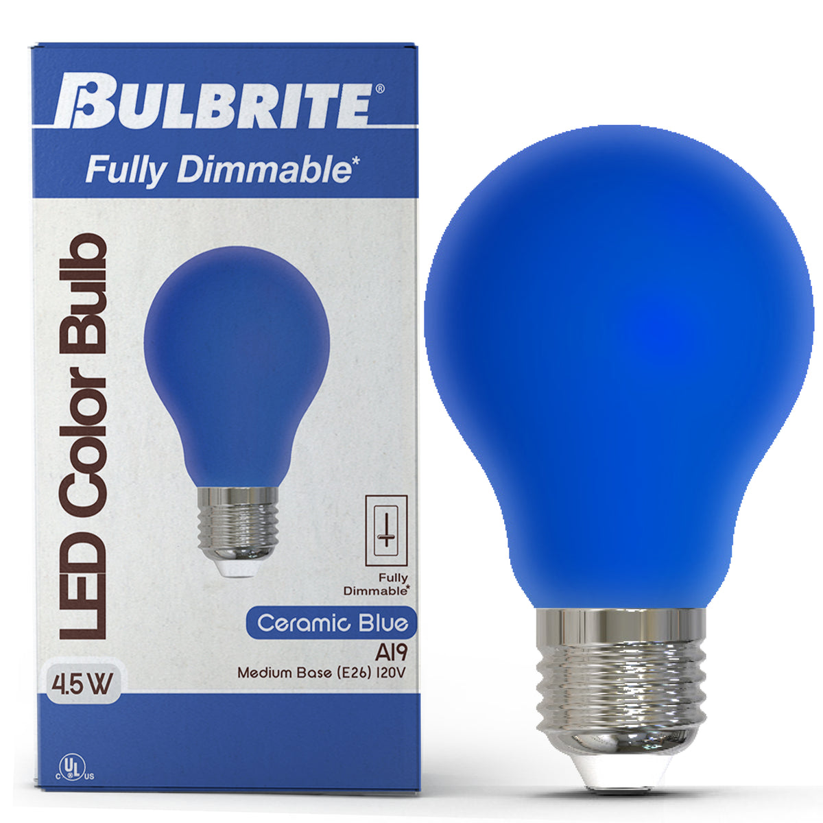Bulbrite A19 LED Light Bulb, 4.5W, 25W Equivalent, E26 Base, Ceramic Blue Finish, Dimmable, 10-Pack