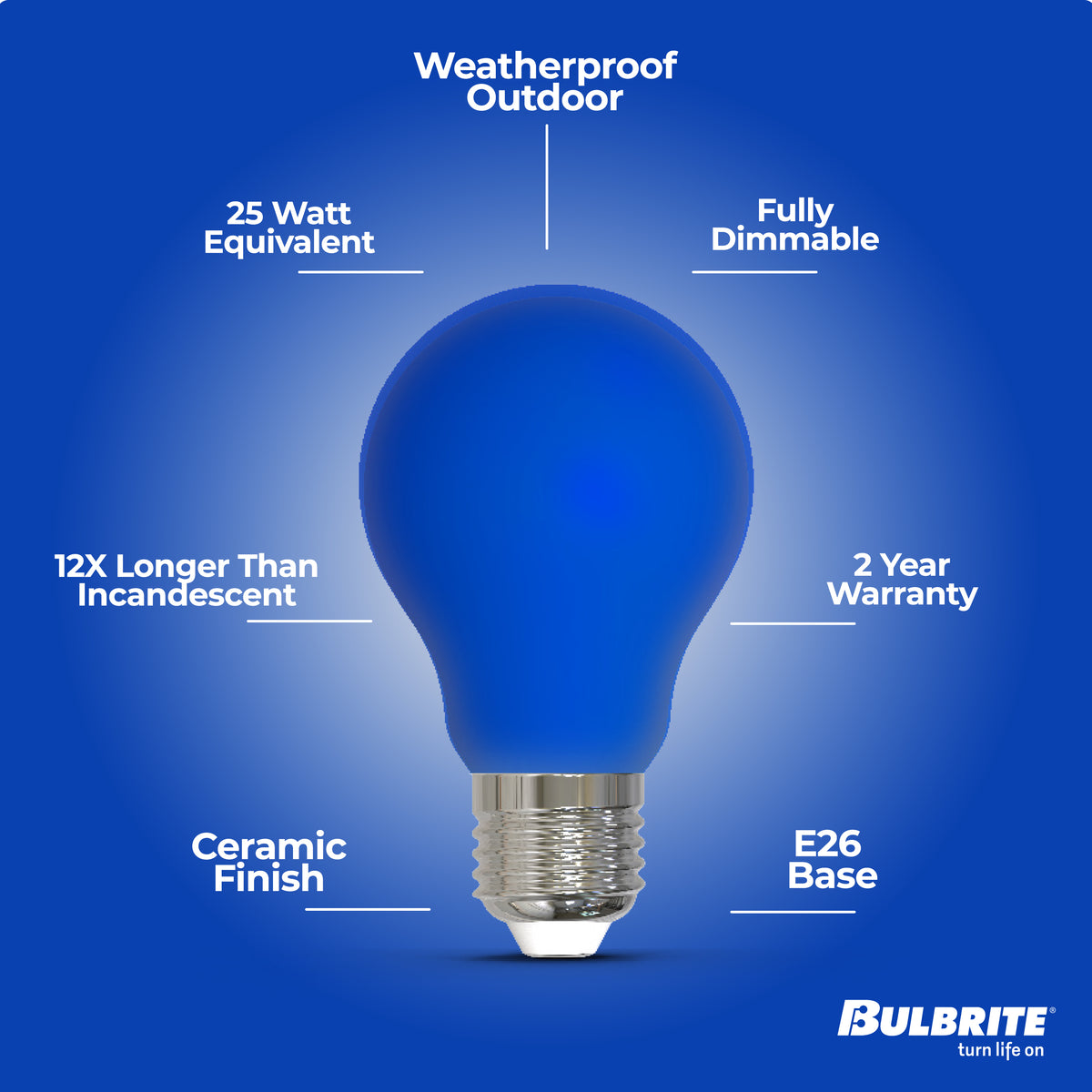 Bulbrite A19 LED Light Bulb, 4.5W, 25W Equivalent, E26 Base, Ceramic Blue Finish, Dimmable, 10-Pack