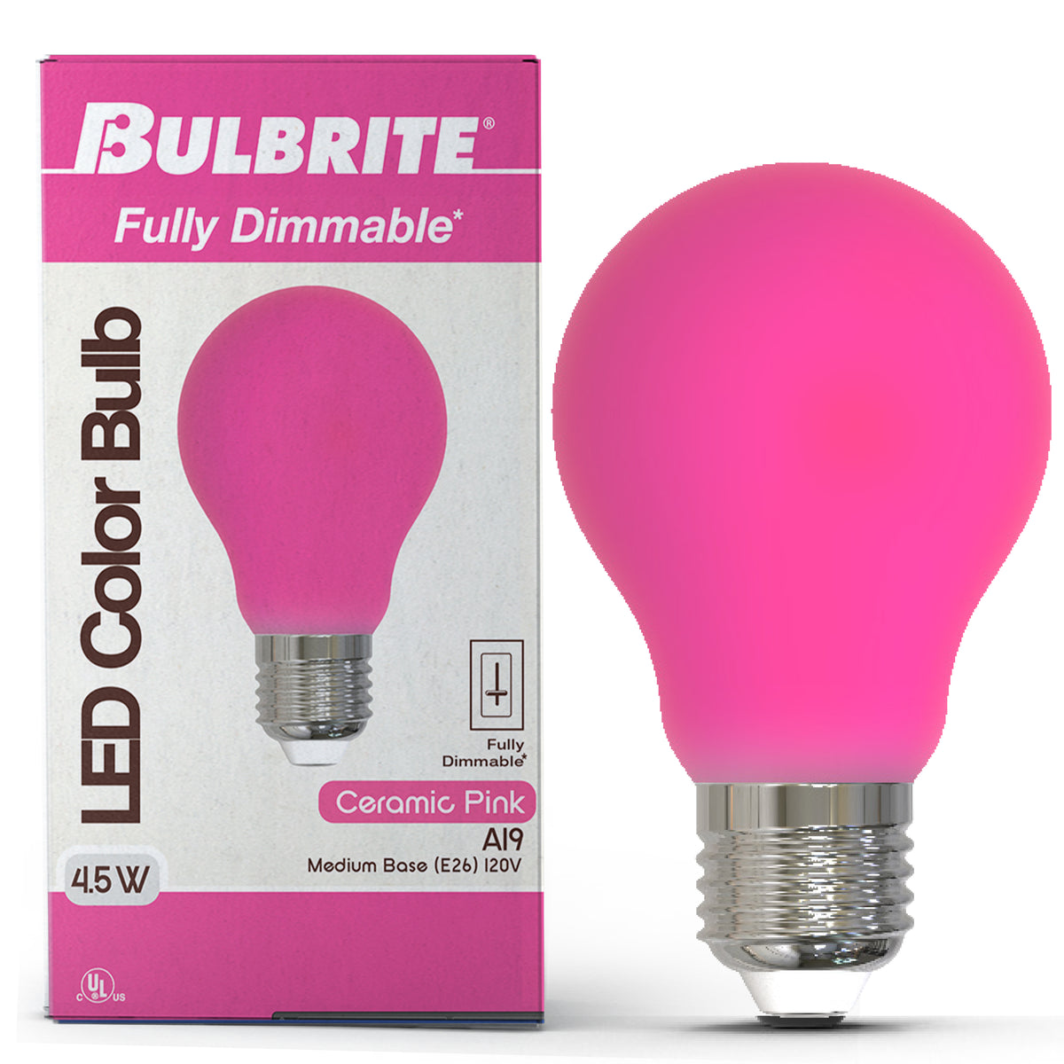 Bulbrite A19 LED Light Bulb, 4.5W, 25W Equivalent, E26 Base, Ceramic Pink Finish, Dimmable, 10-Pack