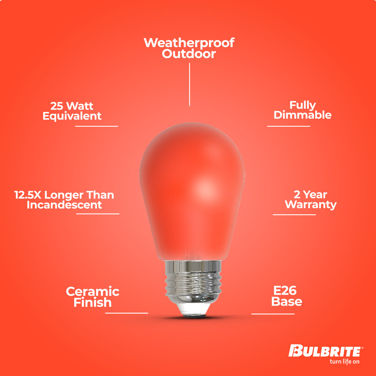 Bulbrite S14 Colored LED Light Bulb, 2.5W, 25W Equivalent, E26 Base, Ceramic Red Finish, Dimmable, 10-Pack
