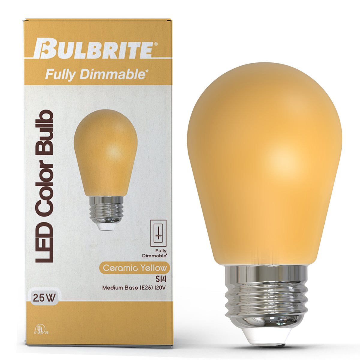 Bulbrite S14 Colored LED Light Bulb, 2.5W, 25W Equivalent, E26 Base, Ceramic Yellow Finish, Dimmable, 10-Pack