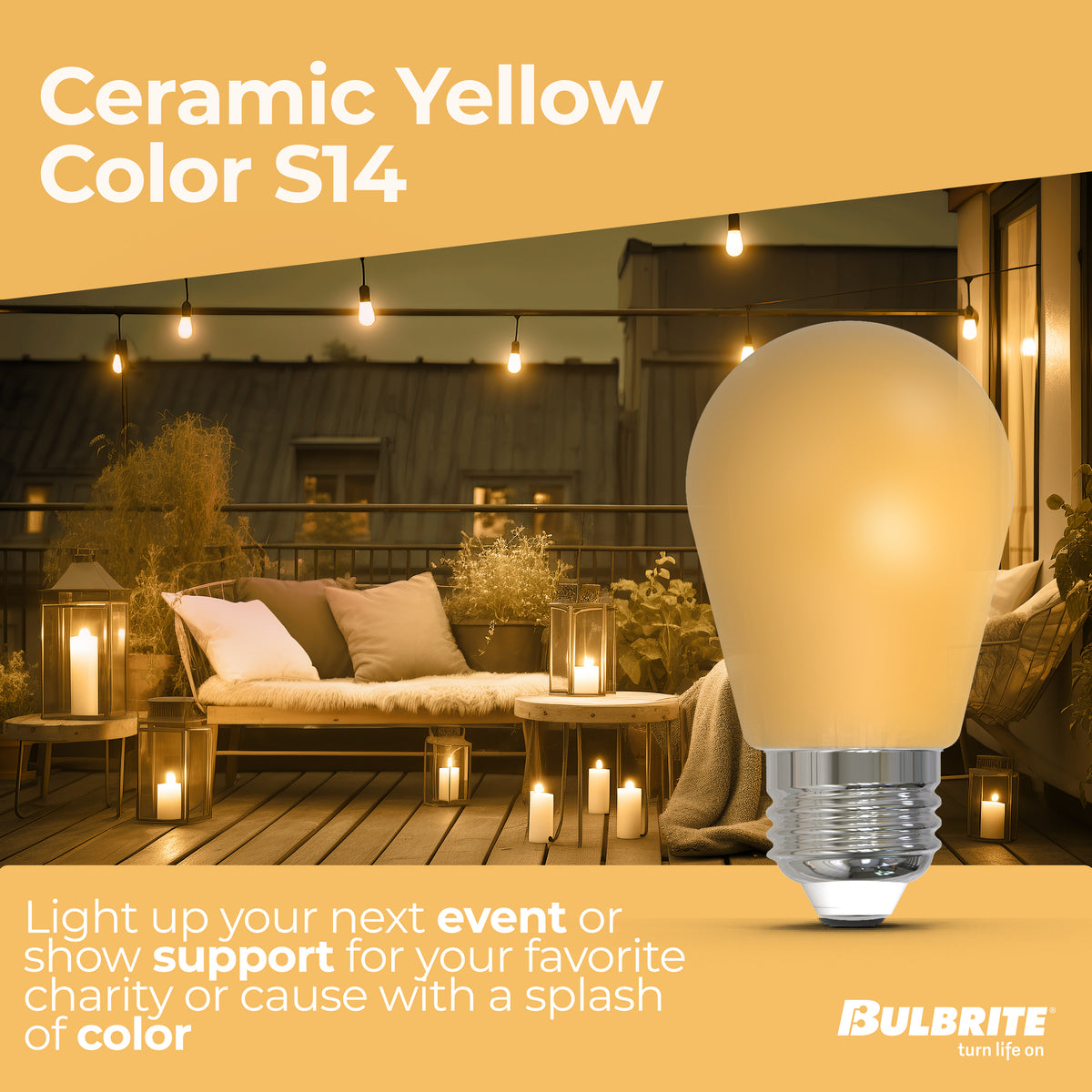 Bulbrite S14 Colored LED Light Bulb, 2.5W, 25W Equivalent, E26 Base, Ceramic Yellow Finish, Dimmable, 10-Pack