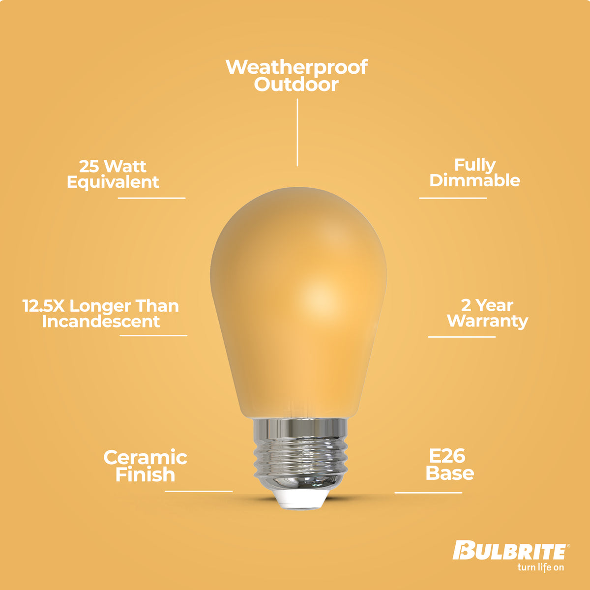 Bulbrite S14 Colored LED Light Bulb, 2.5W, 25W Equivalent, E26 Base, Ceramic Yellow Finish, Dimmable, 10-Pack