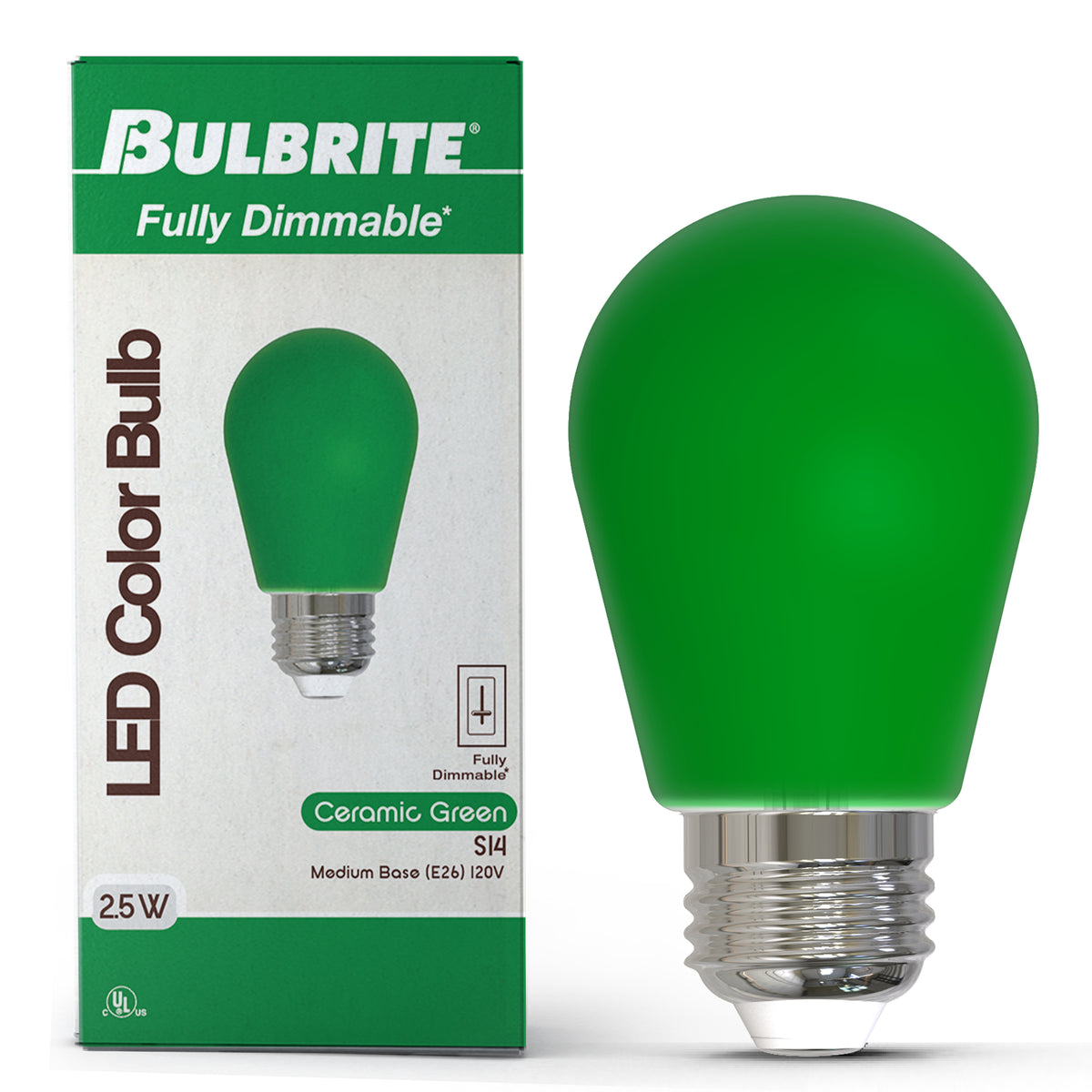 Bulbrite S14 Colored LED Light Bulb, 2.5W, 25W Equivalent, E26 Base, Ceramic Green Finish, Dimmable, 10-Pack