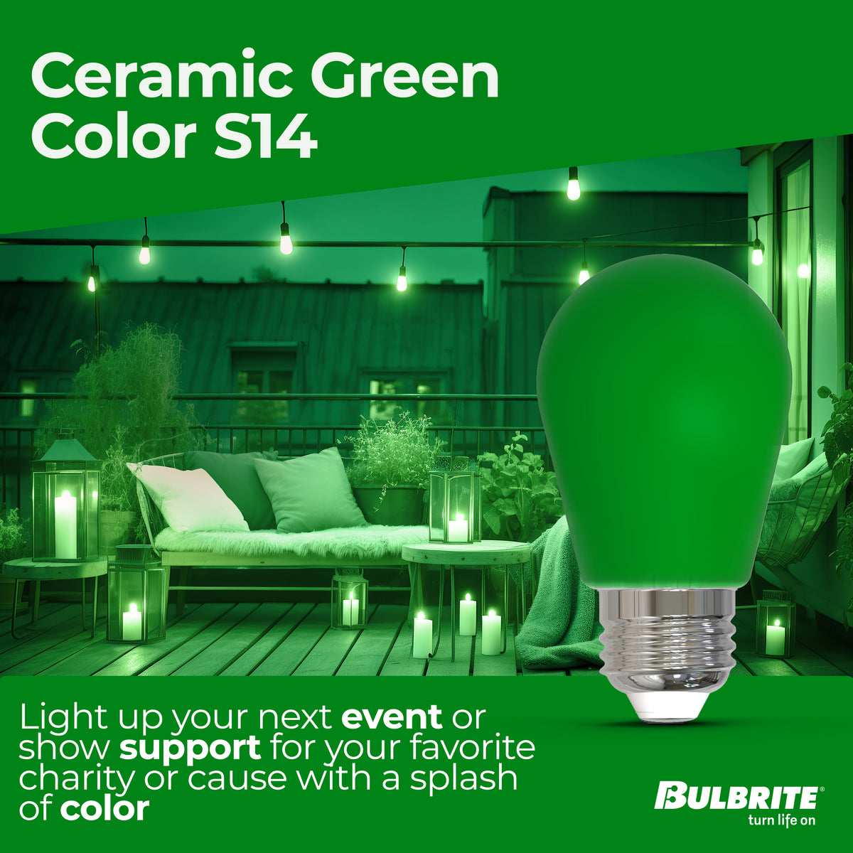 Bulbrite S14 Colored LED Light Bulb, 2.5W, 25W Equivalent, E26 Base, Ceramic Green Finish, Dimmable, 10-Pack