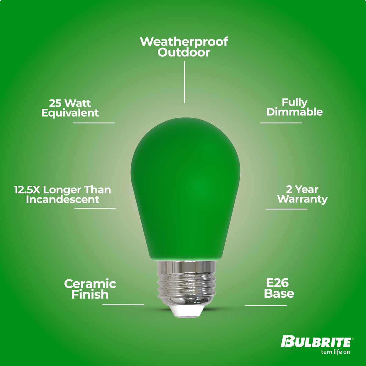 Bulbrite S14 Colored LED Light Bulb, 2.5W, 25W Equivalent, E26 Base, Ceramic Green Finish, Dimmable, 10-Pack