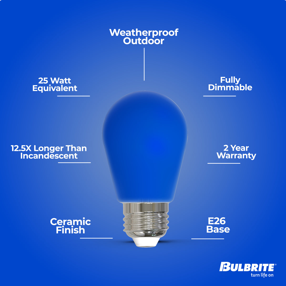 Bulbrite S14 Colored LED Light Bulb, 2.5W, 25W Equivalent, E26 Base, Ceramic Blue Finish, Dimmable, 10-Pack