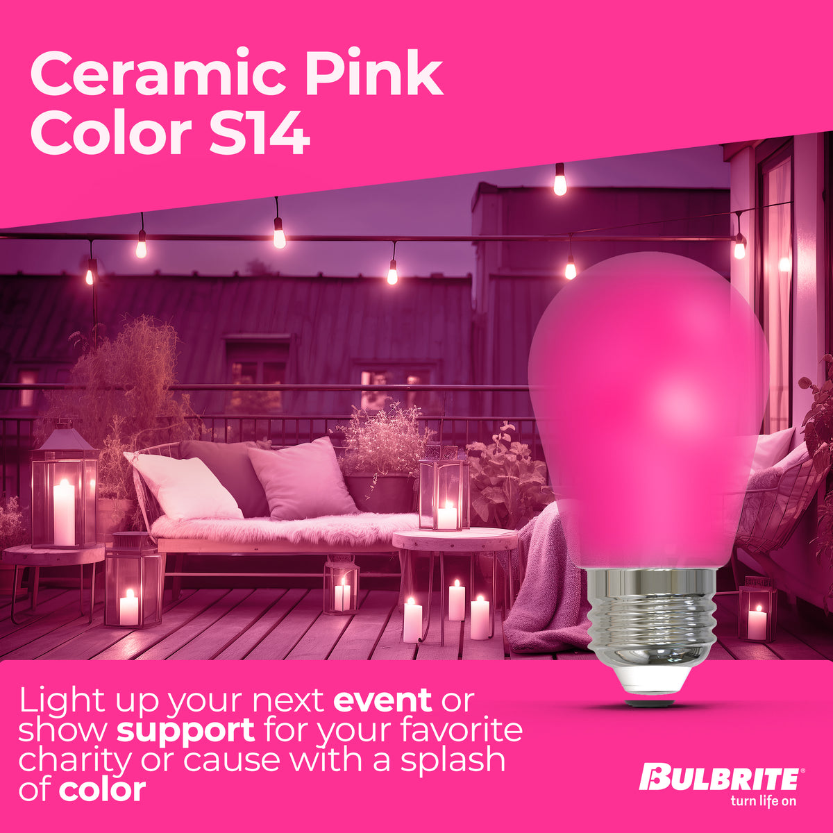 Bulbrite S14 Colored LED Light Bulb, 2.5W, 25W Equivalent, E26 Base, Ceramic Pink Finish, Dimmable, 10-Pack
