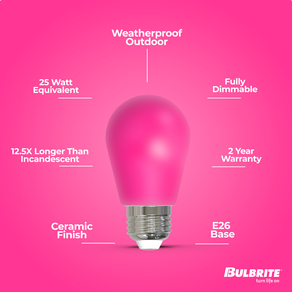 Bulbrite S14 Colored LED Light Bulb, 2.5W, 25W Equivalent, E26 Base, Ceramic Pink Finish, Dimmable, 10-Pack