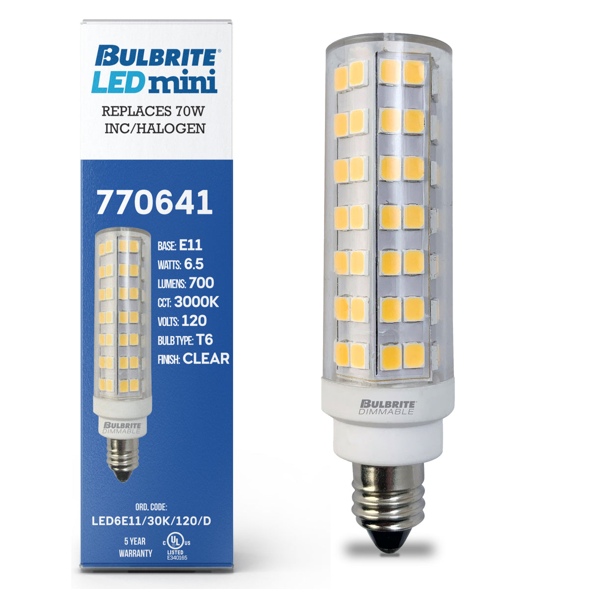 Bulbrite T6 Miniature LED Light Bulb, 6.5W, 70W Equivalent, 3000K, E11 Base, Clear Finish, Dimmable, 2-Pack