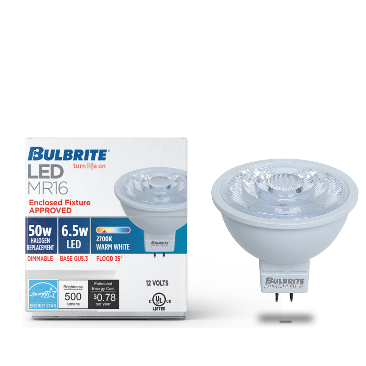 Bulbrite MR16 LED Light Bulb, 6W, 50W Equivalent, 2700K, GU5.3 Base, White Finish, Dimmable, 4-Pack