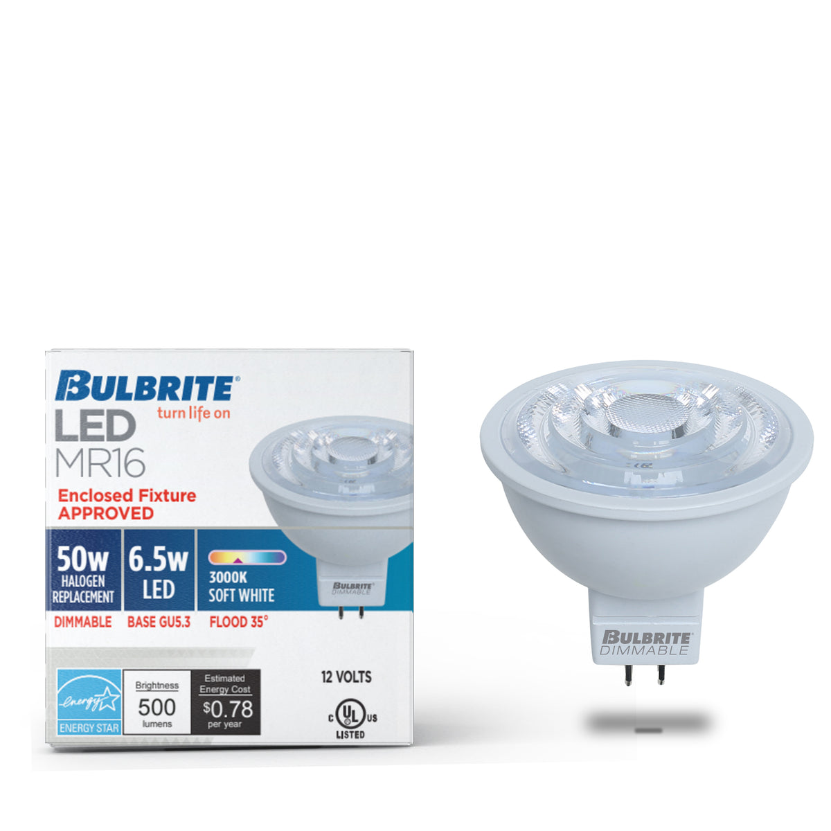 Bulbrite MR16 LED Light Bulb, 6W, 50W Equivalent, 3000K, GU5.3 Base, White Finish, Dimmable, 4-Pack