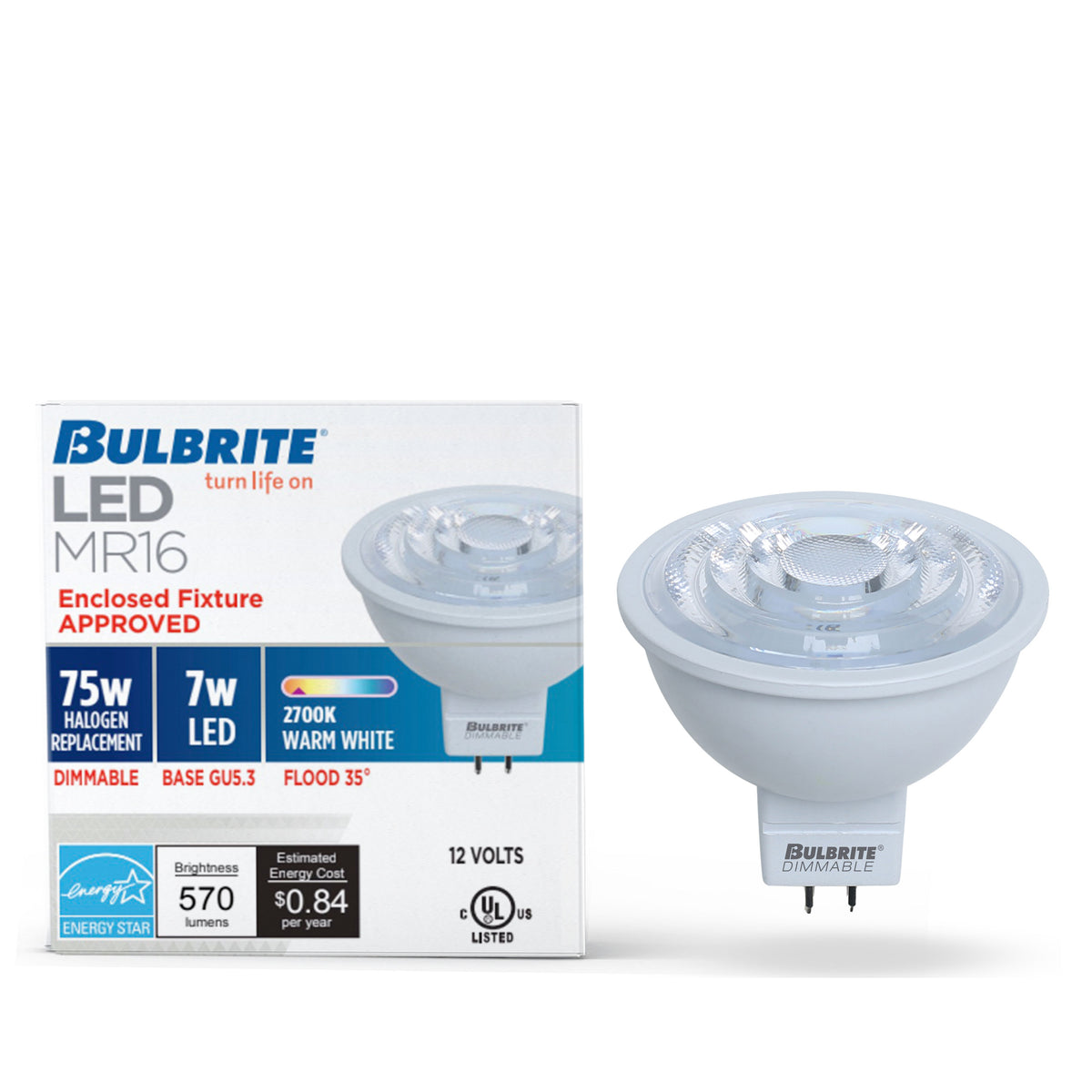 Bulbrite MR16 LED Light Bulb, 7W, 75W Equivalent, 2700K, GU5.3 Base, White Finish, Dimmable, 4-Pack
