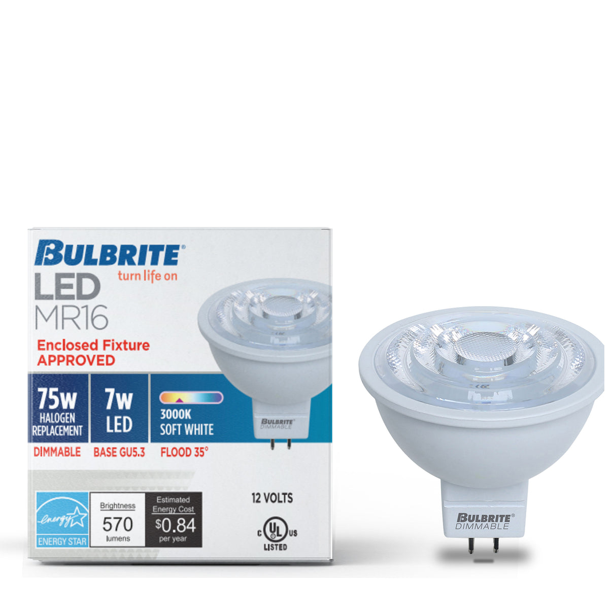 Bulbrite MR16 LED Light Bulb, 7W, 75W Equivalent, 3000K, GU5.3 Base, White Finish, Dimmable, 2-Pack