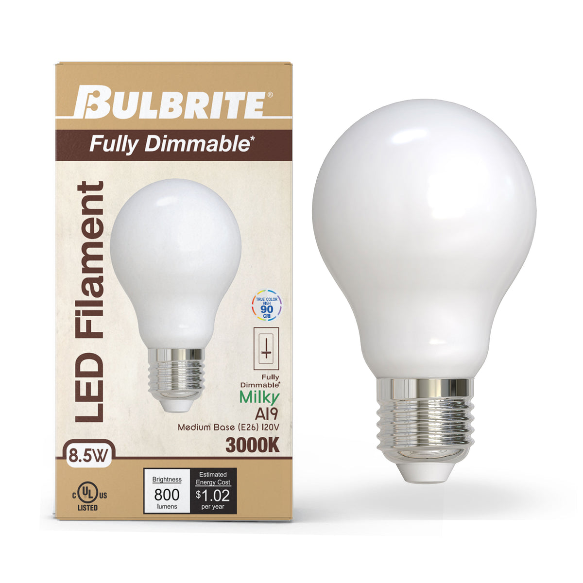 Bulbrite A19 Filament LED Light Bulb, 8.5W, 60W Equivalent, 3000K, E26 Base, Milky Finish, Dimmable, 2-Pack
