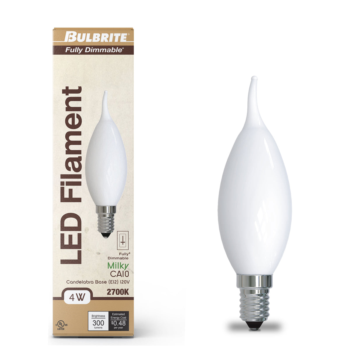 Bulbrite LED Filament 4.5W Dimmable CA10 Light Bulb with a Milky Finish and E12 Candelabra Base – 3000K Soft White Light, 400 Lumens, 4-Pack