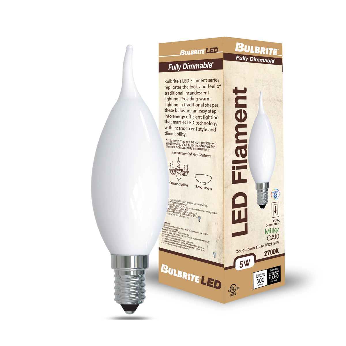 Bulbrite 5W Dimmable CA10 LED Light Bulbs with Milky Glass Finish and E12 Candelabra Base, 2700K Warm White Light, 500 Lumens, 4-Pack