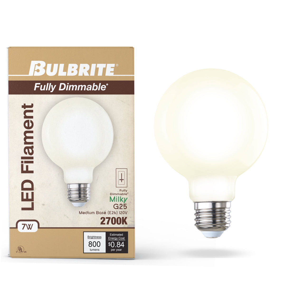 Bulbrite LED Filament 8.5W Dimmable G25 Light Bulb with a Milky Finish and E26 Medium Base – 3000K Soft White Light, 800 Lumens, 2-Pack