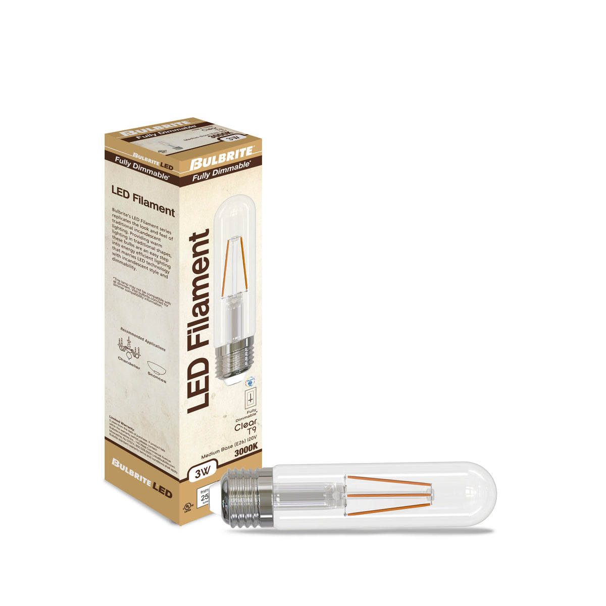 Bulbrite 3W Dimmable Clear Filament T9 E26 Medium Base LED Light Bulb – 250 Lumens, 3000K, 2-Pack